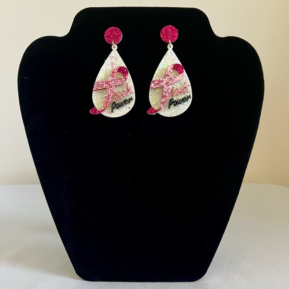 NEW Glitter Breast Cancer Awareness 'Pink Power' PU Leather Teardrop Earrings - Picture 1 of 2